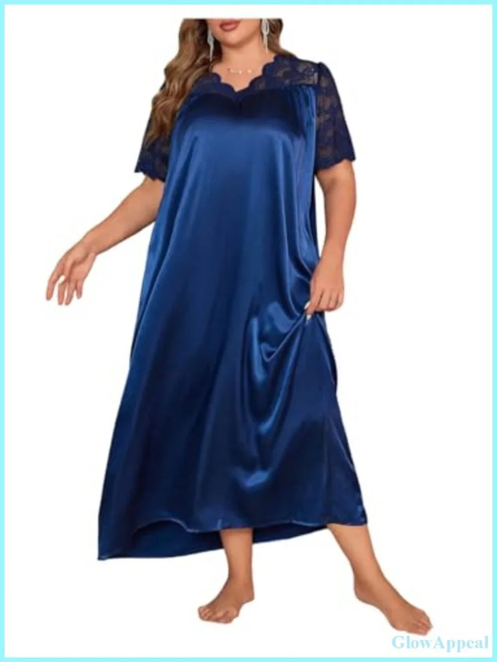 Plus Size Satin Nightgown V Neck Short Sleeve Lace Sheer Long Sleep Dress
